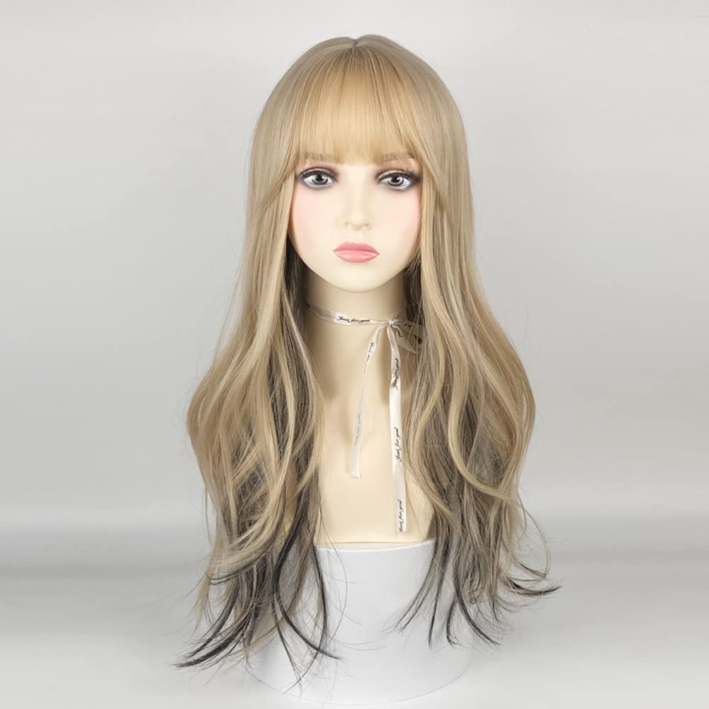 22 Inches long Wavy Hair Wig for Women Blonde Black Synthetic Hair
