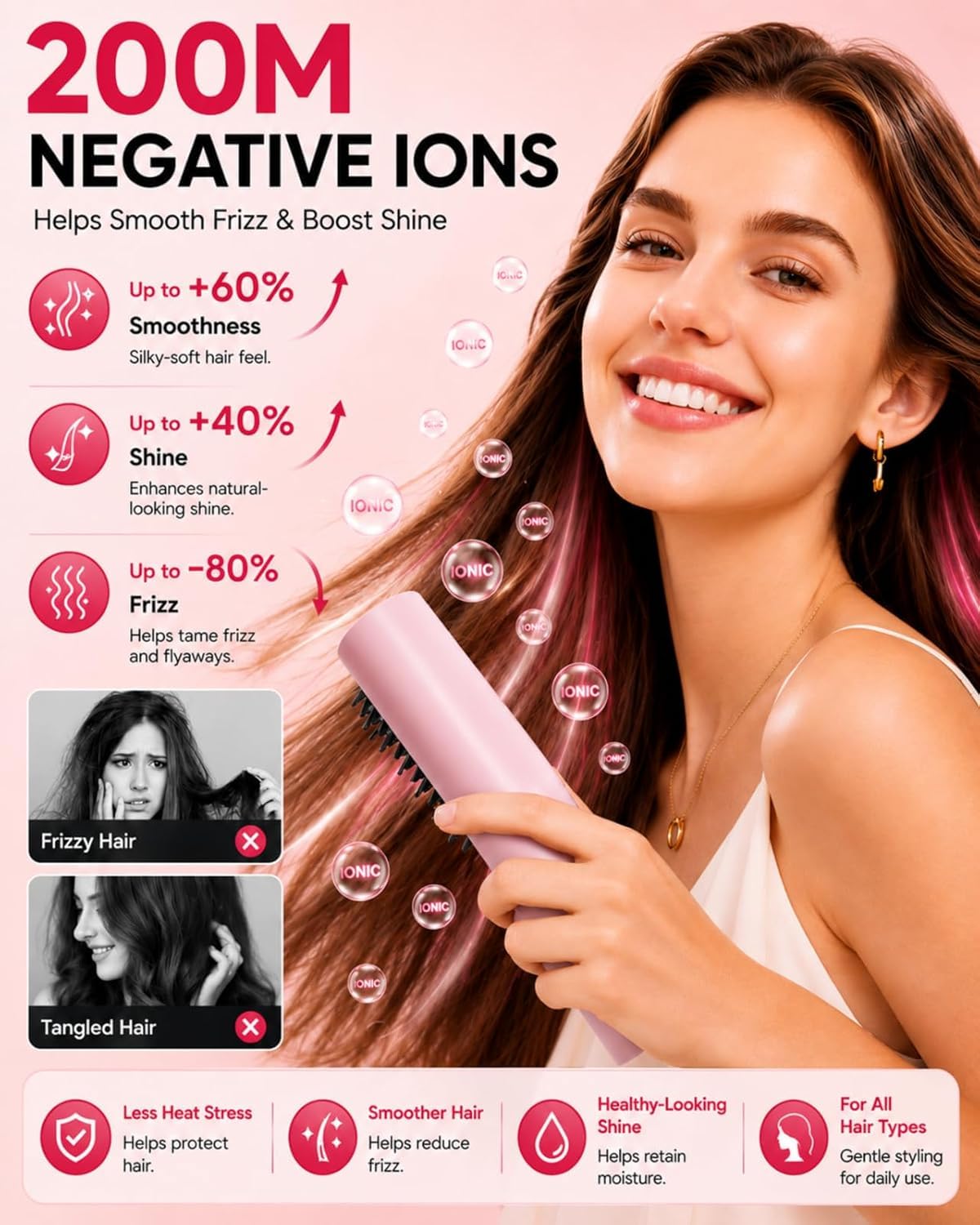 Cordless Hair Straightener Brush, Portable Ionic Styling for Smooth Hair | Even heat and 200M negative ions help smooth flyaways and add natural shine; USB-C charging keeps this brush travel-ready.
