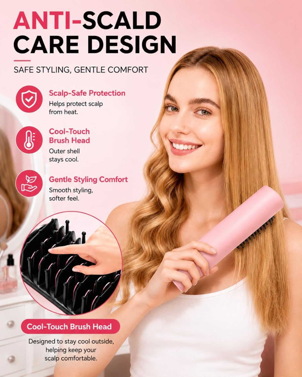 Cordless Hair Straightener Brush, Portable Ionic Styling for Smooth Hair | Even heat and 200M negative ions help smooth flyaways and add natural shine; USB-C charging keeps this brush travel-ready.