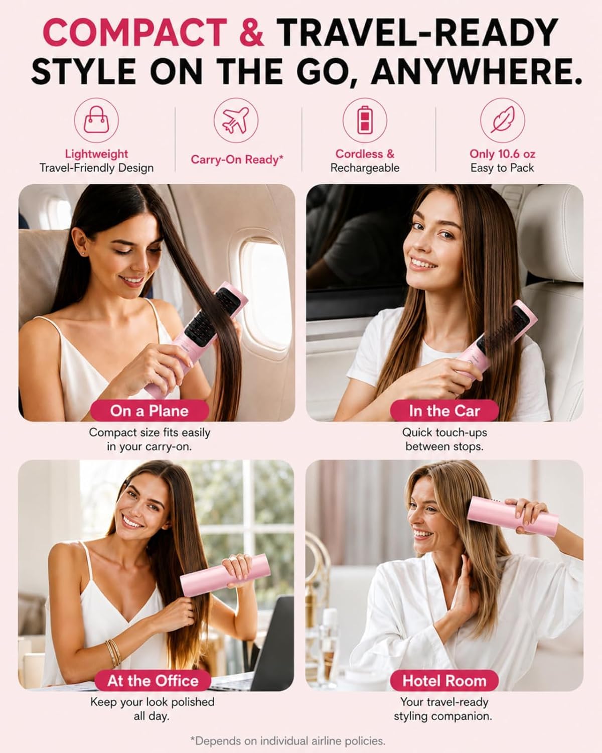 Cordless Hair Straightener Brush, Portable Ionic Styling for Smooth Hair | Even heat and 200M negative ions help smooth flyaways and add natural shine; USB-C charging keeps this brush travel-ready.