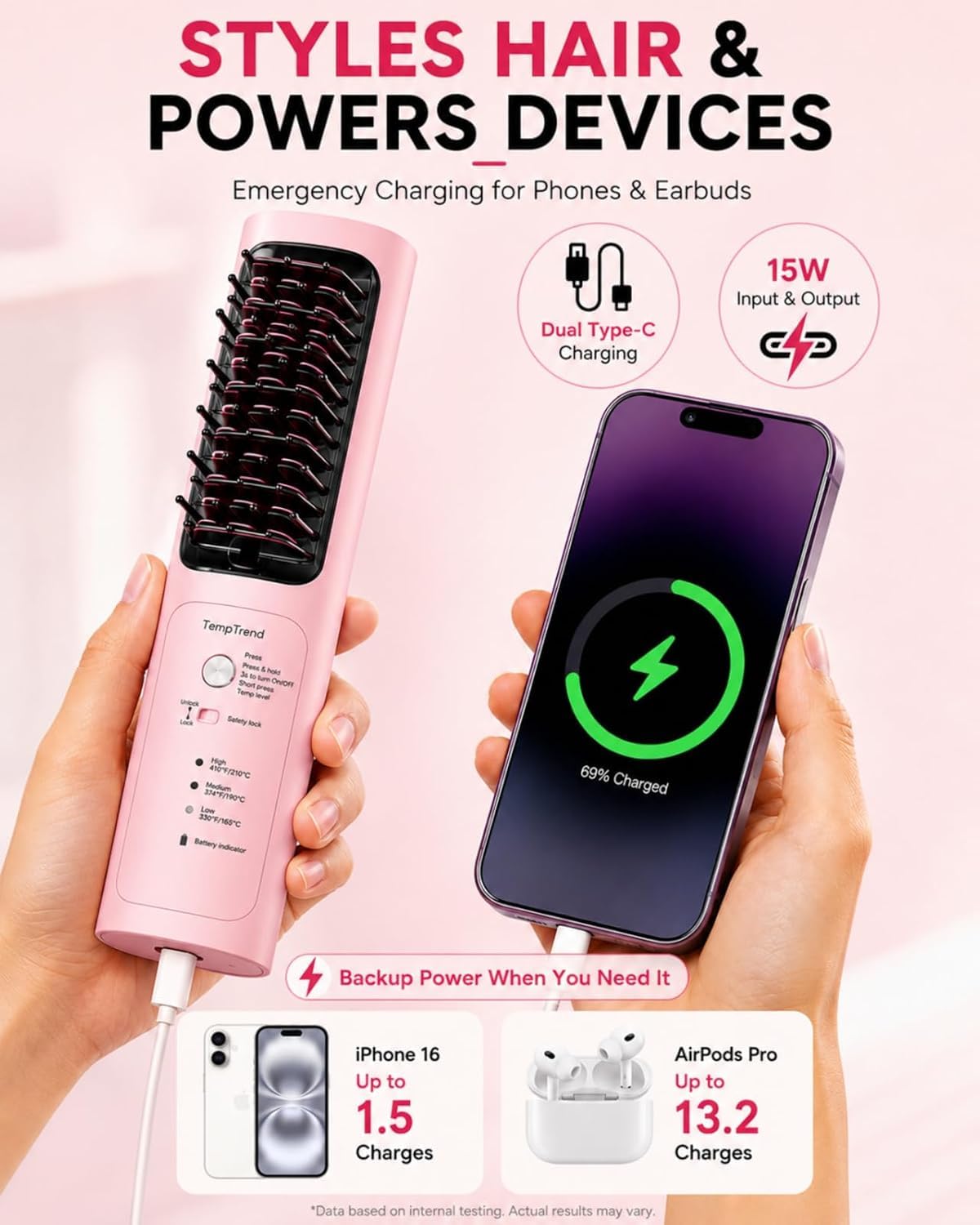 Cordless Hair Straightener Brush, Portable Ionic Styling for Smooth Hair | Even heat and 200M negative ions help smooth flyaways and add natural shine; USB-C charging keeps this brush travel-ready.
