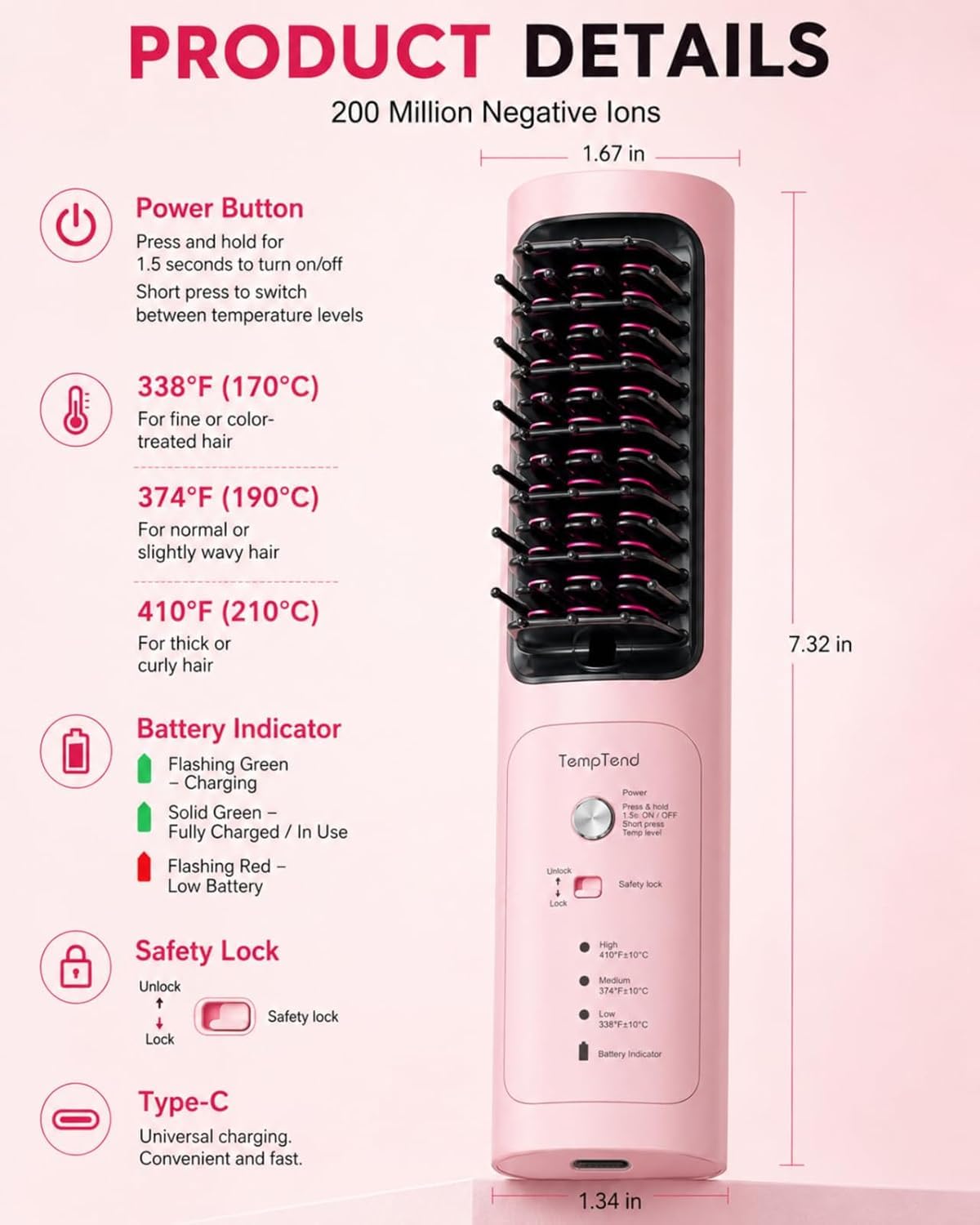 Cordless Hair Straightener Brush, Portable Ionic Styling for Smooth Hair | Even heat and 200M negative ions help smooth flyaways and add natural shine; USB-C charging keeps this brush travel-ready.