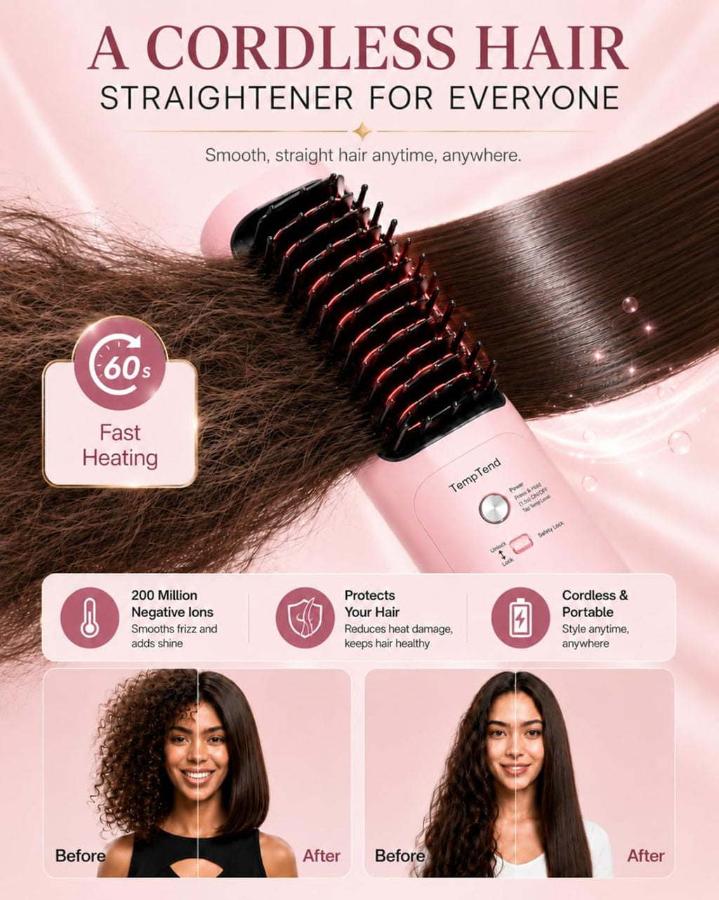 Cordless Hair Straightener Brush, Portable Hair Styler and Straightening Brush, 200M Negative Ions, 8000mAh Battery, Auto Shutoff and PD Fast Charging for Travel, Holiday Gift for Women, Luxe Pink