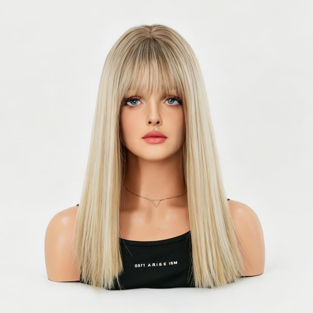18 Inches Long Straight Blonde Wig with Bangs, Gradient Hair Color