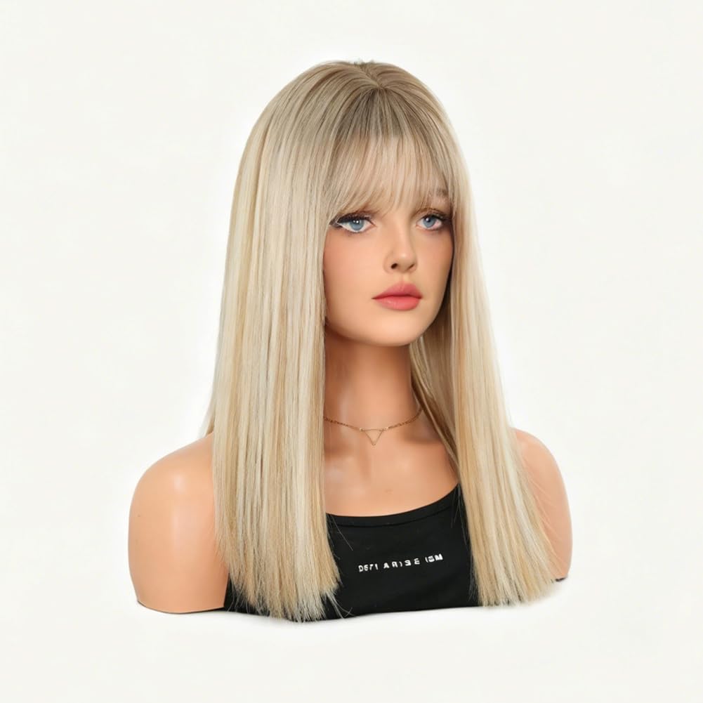 18 Inches Long Straight Blonde Wig with Bangs, Gradient Hair Color