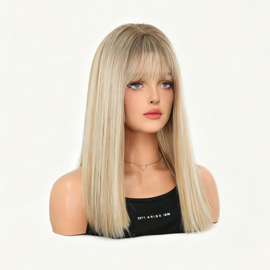 18 Inches Long Straight Blonde Wig with Bangs, Gradient Hair Color