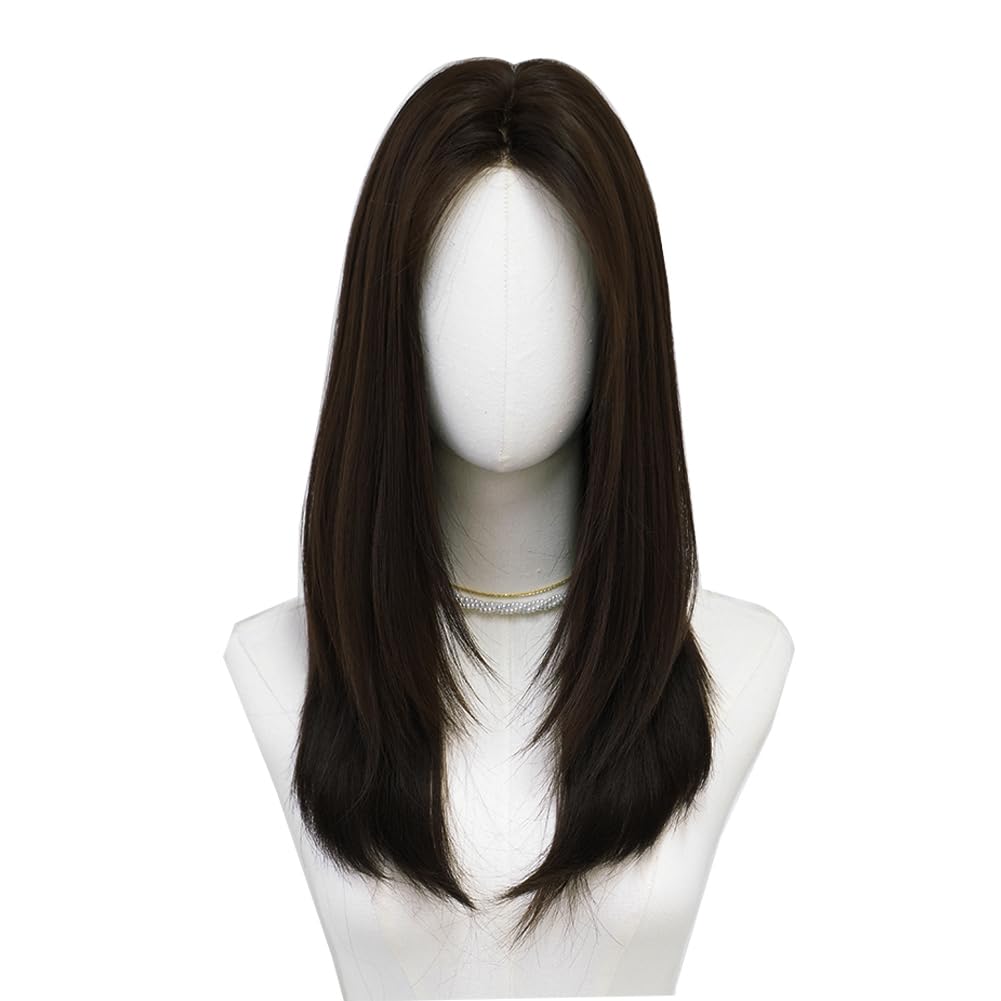 22 Inches Long Straight Wig with Curtain Bangs for Women Black Synthetic Hair