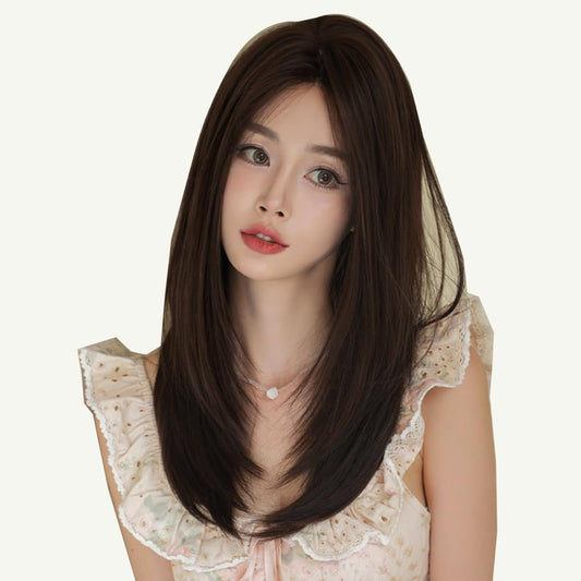 22 Inches Long Straight Wig with Curtain Bangs for Women Black Synthetic Hair