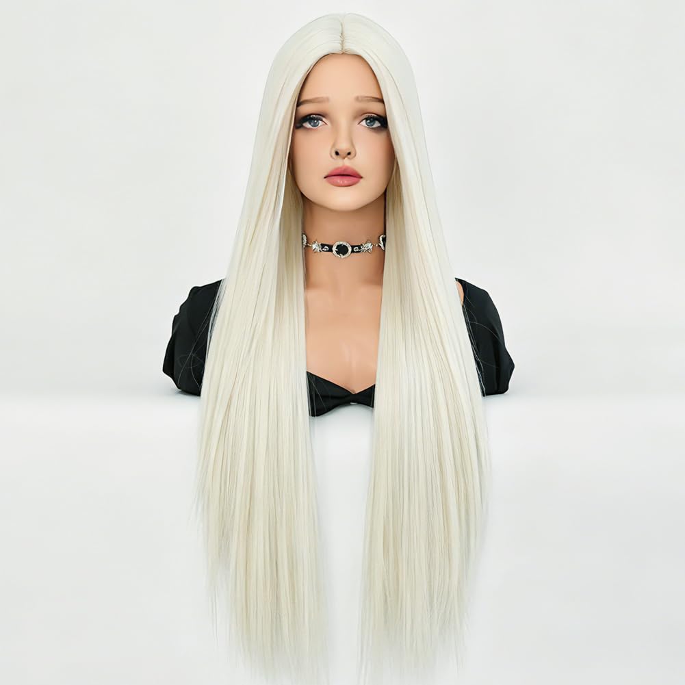 32 Inches Long White Synthetic Wig Women's Natural Long Straight Hair