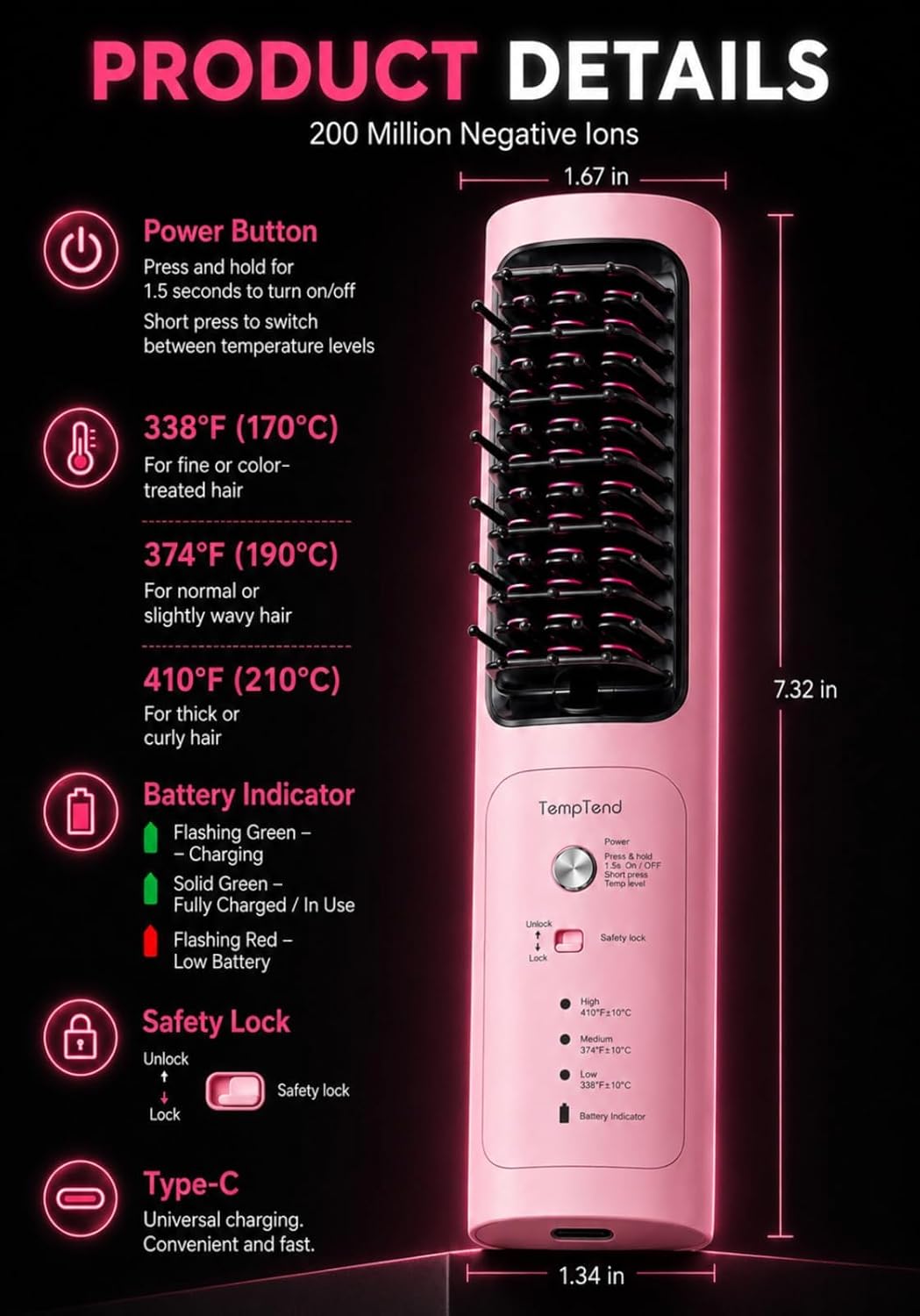 Cordless Hair Straightener Brush - Portable Straightener with Ionic Shine, Fast Heat Straightening Brush for Travel, Safe Easy Styling, Gift for Women, 8000mAh, Aura Pink