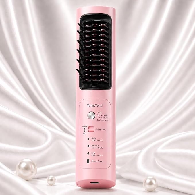 Cordless Hair Straightener Brush - Portable Straightener with Ionic Shine, Fast Heat Straightening Brush for Travel, Safe Easy Styling, Gift for Women, 8000mAh, Aura Pink