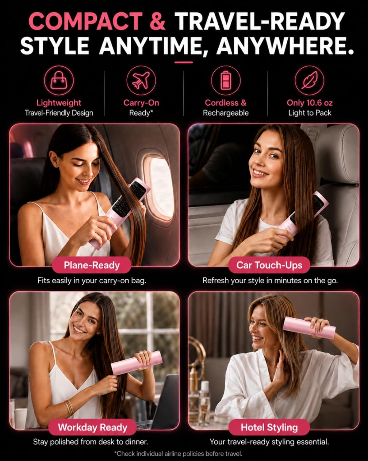 Cordless Hair Straightener Brush - Portable Straightener with Ionic Shine, Fast Heat Straightening Brush for Travel, Safe Easy Styling, Gift for Women, 8000mAh, Aura Pink