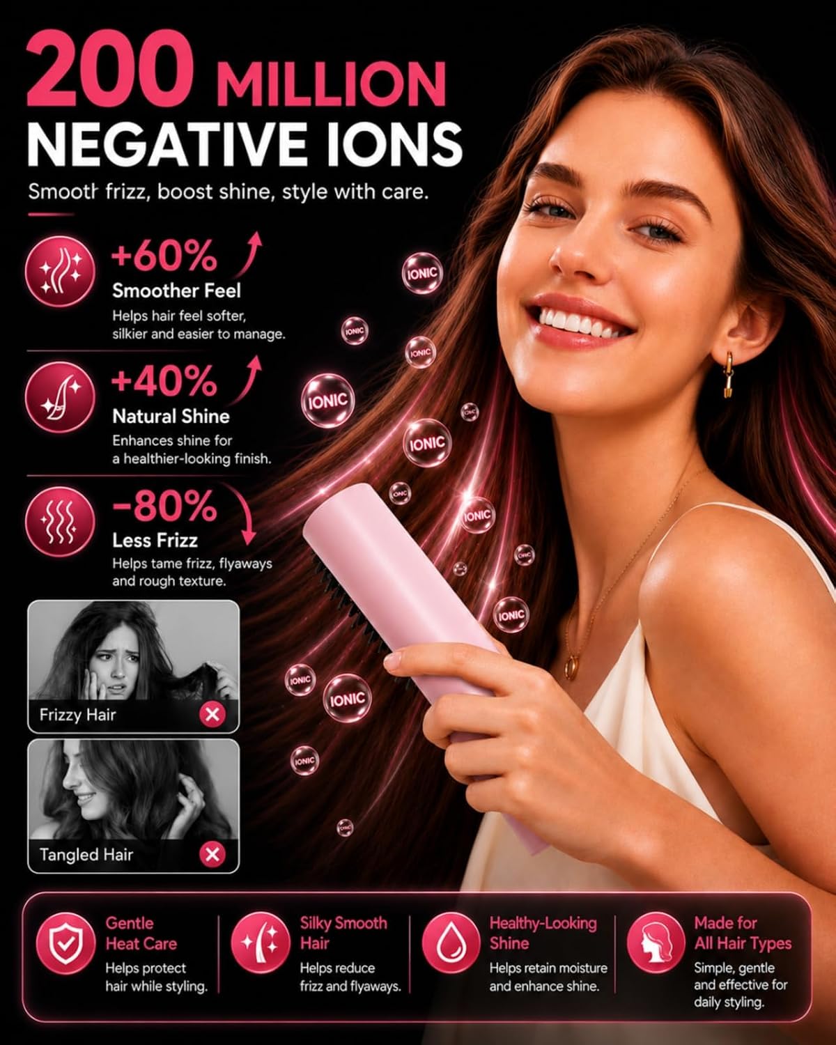Cordless Hair Straightener Brush - Portable Straightener with Ionic Shine, Fast Heat Straightening Brush for Travel, Safe Easy Styling, Gift for Women, 8000mAh, Aura Pink