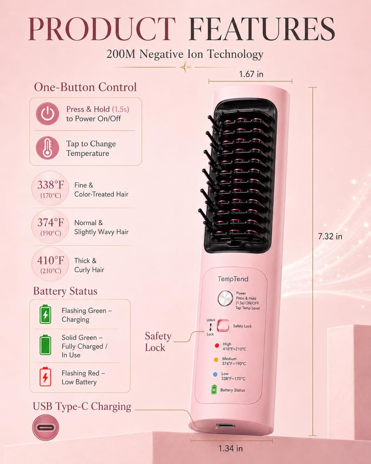 Cordless Hair Straightener Brush, Portable Hair Styler and Straightening Brush, 200M Negative Ions, 8000mAh Battery, Auto Shutoff and PD Fast Charging for Travel, Holiday Gift for Women, Luxe Pink